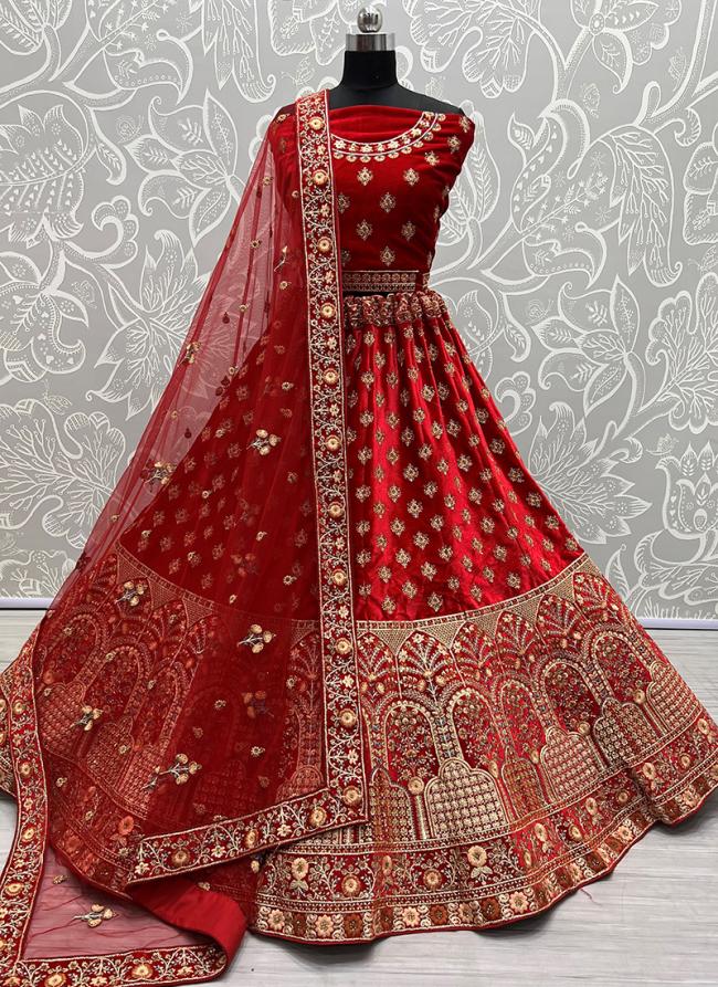 Velvet Red Bridal Wear Embroidery Work Lehenga Choli